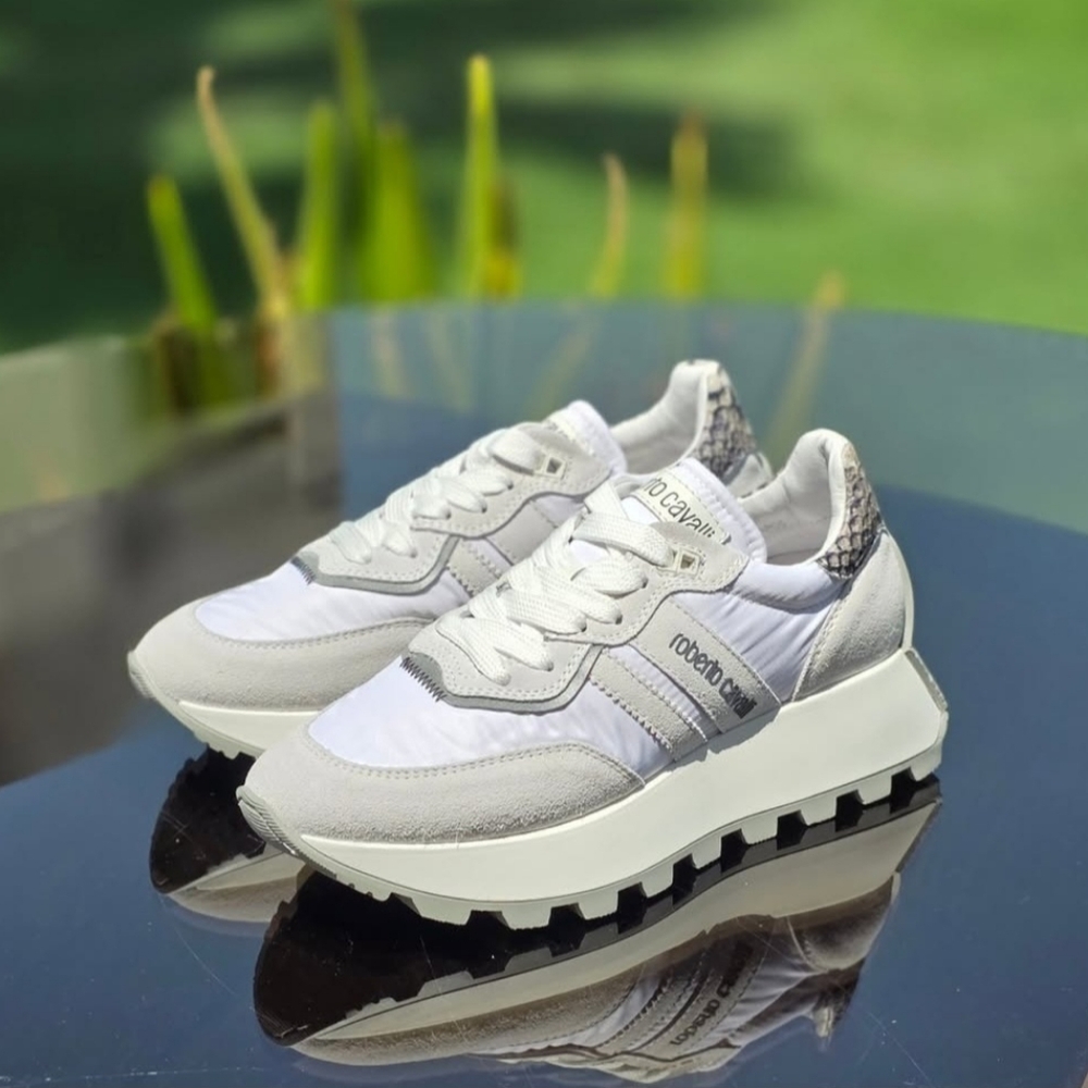Roberto Cavalli White Trainer with Snake-Print Accent